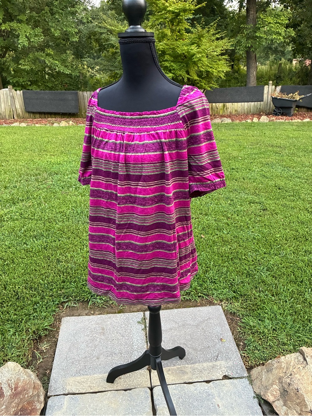 Chaps Fuchsia Striped Smocked Square-Neck Blouse
